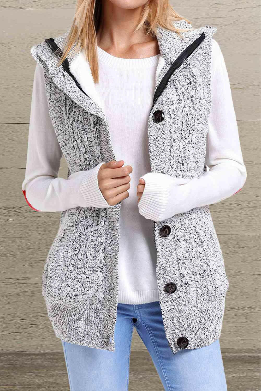 Button and Zip Closure Hooded Sweater Vest.