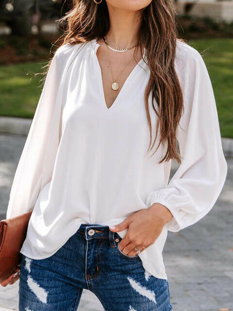 Notched Neck Long Sleeve Blouse.