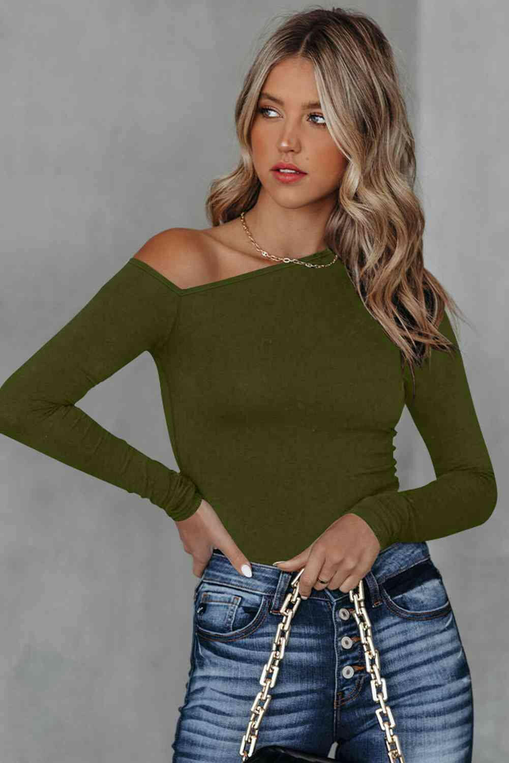 Asymmetrical Neck Long Sleeve Top.