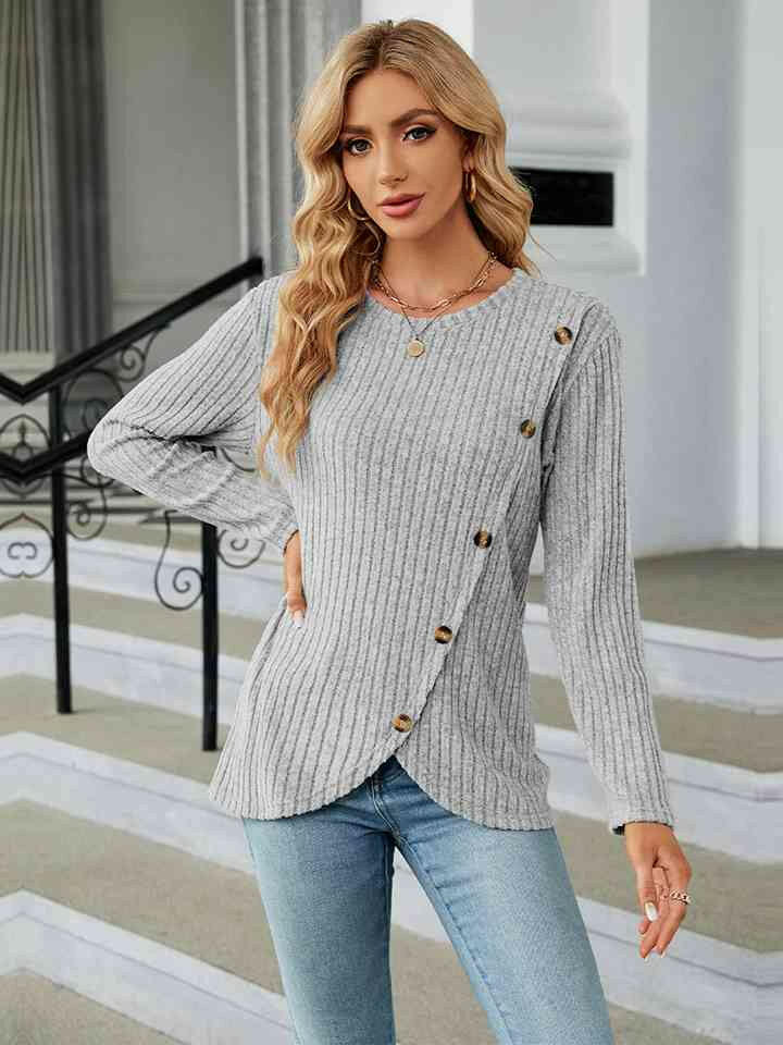 Round Neck Ribbed Button Detail Blouse.