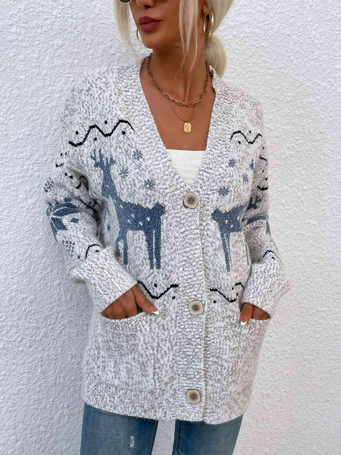 Reindeer Button Down Cardigan with Pockets.