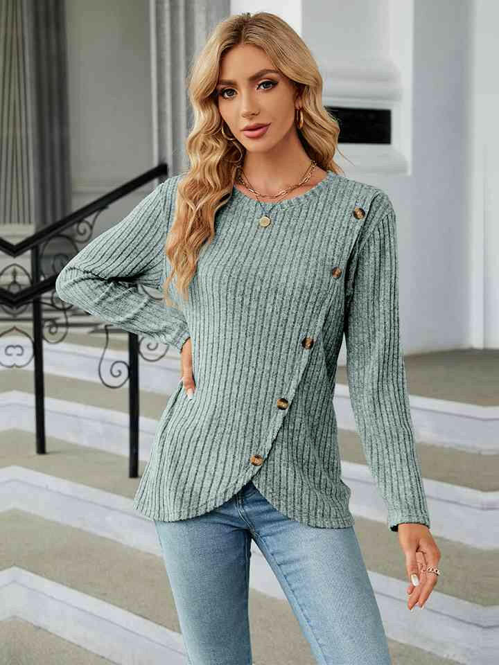 Round Neck Ribbed Button Detail Blouse.