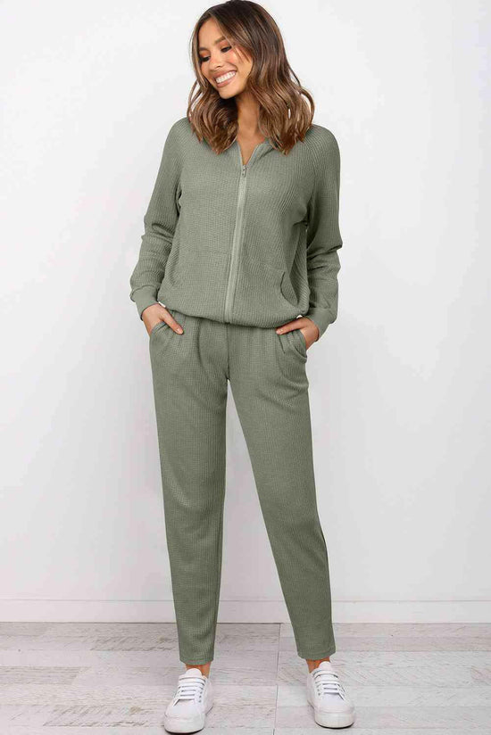 Zip-Up Long Sleeve Top and Pants Set.