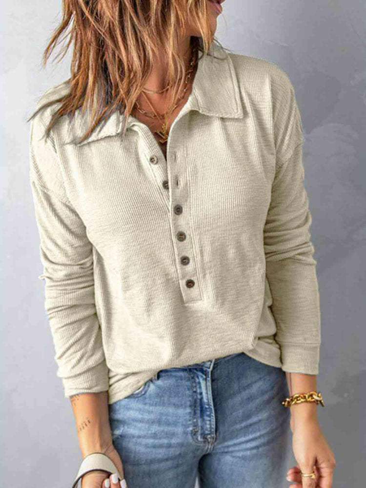 Collared Neck Half Button Top.