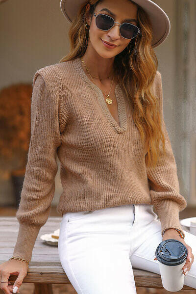 Notched Long Sleeve Sweater.