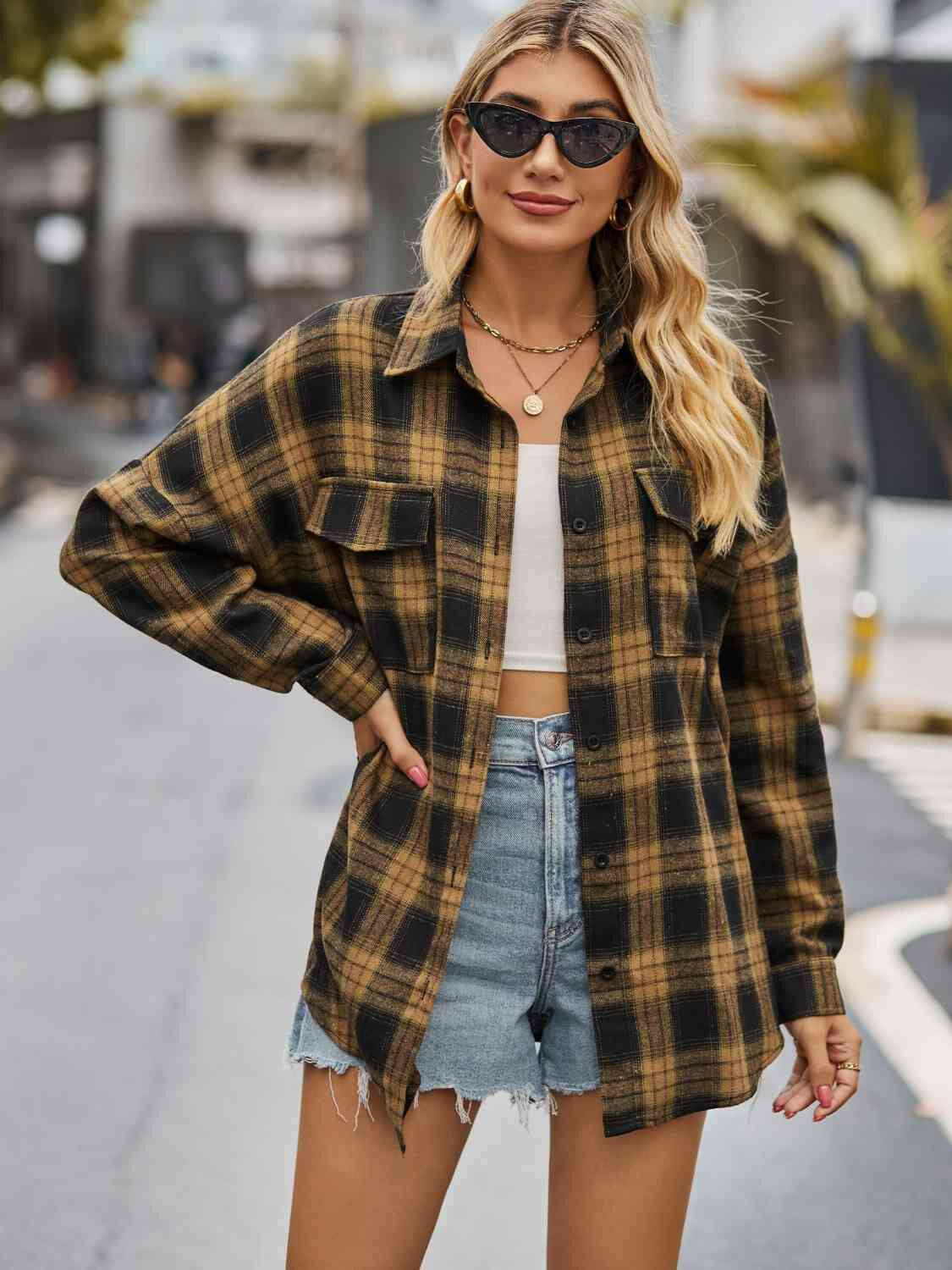 Plaid Collared Neck Button Down Jacket.