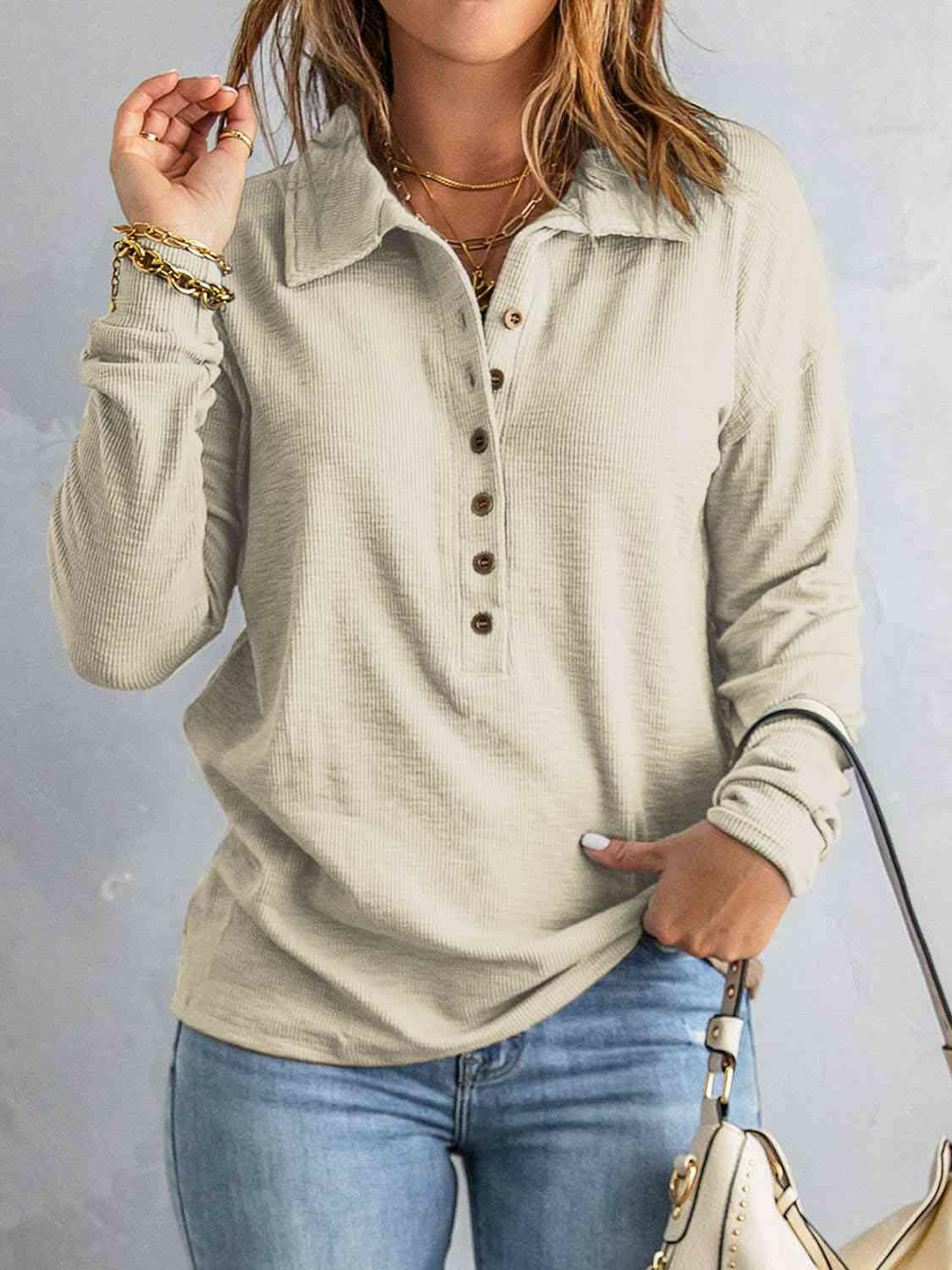 Collared Neck Half Button Top.