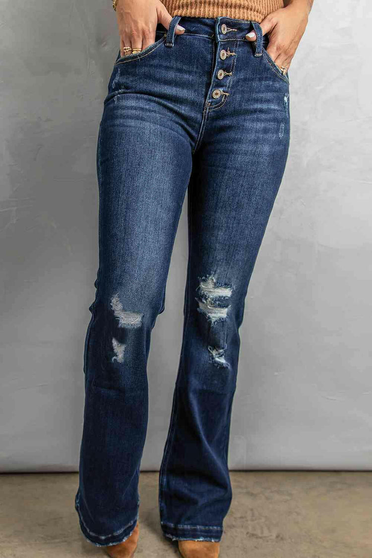 Button Fly Distressed Bootcut Jeans.