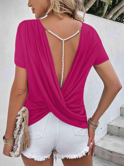 Beads Trim Back Twisted Blouse.