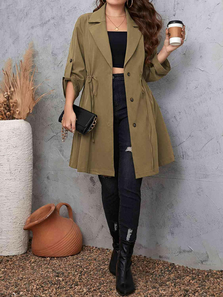 Lapel Collar Drawstring Roll-Tab Sleeve Trench Coat.