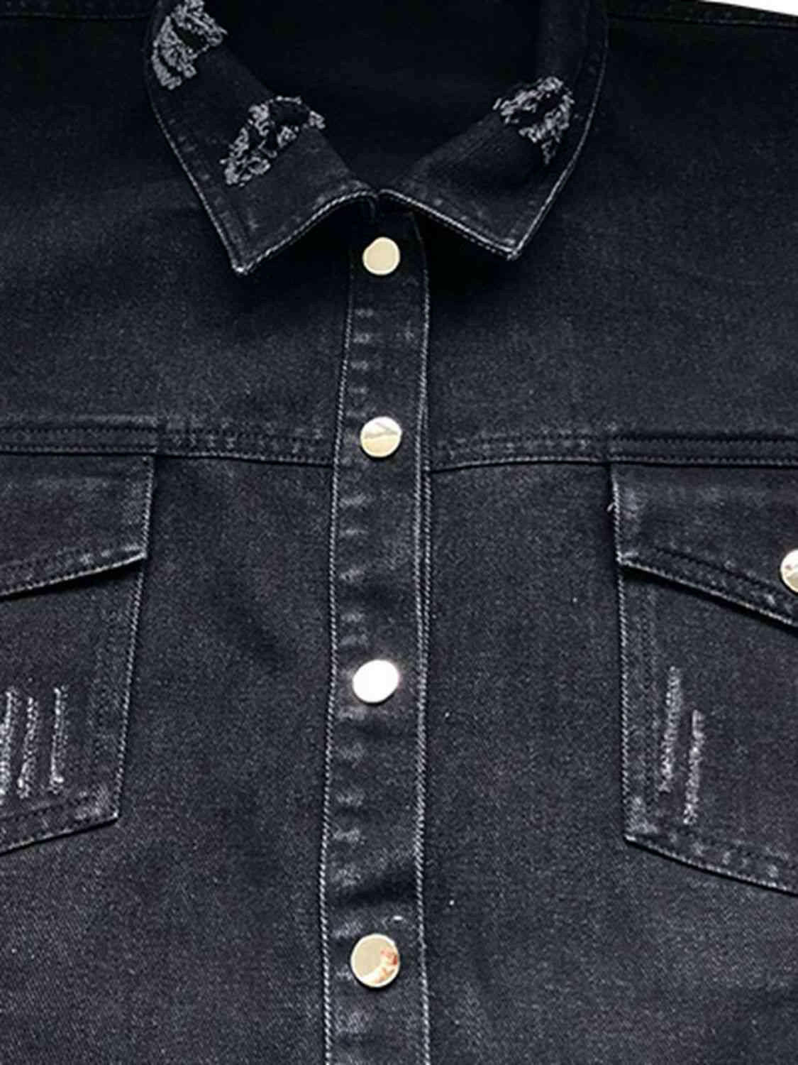 Raw Hem Collared Neck Long Sleeve Denim Jacket.