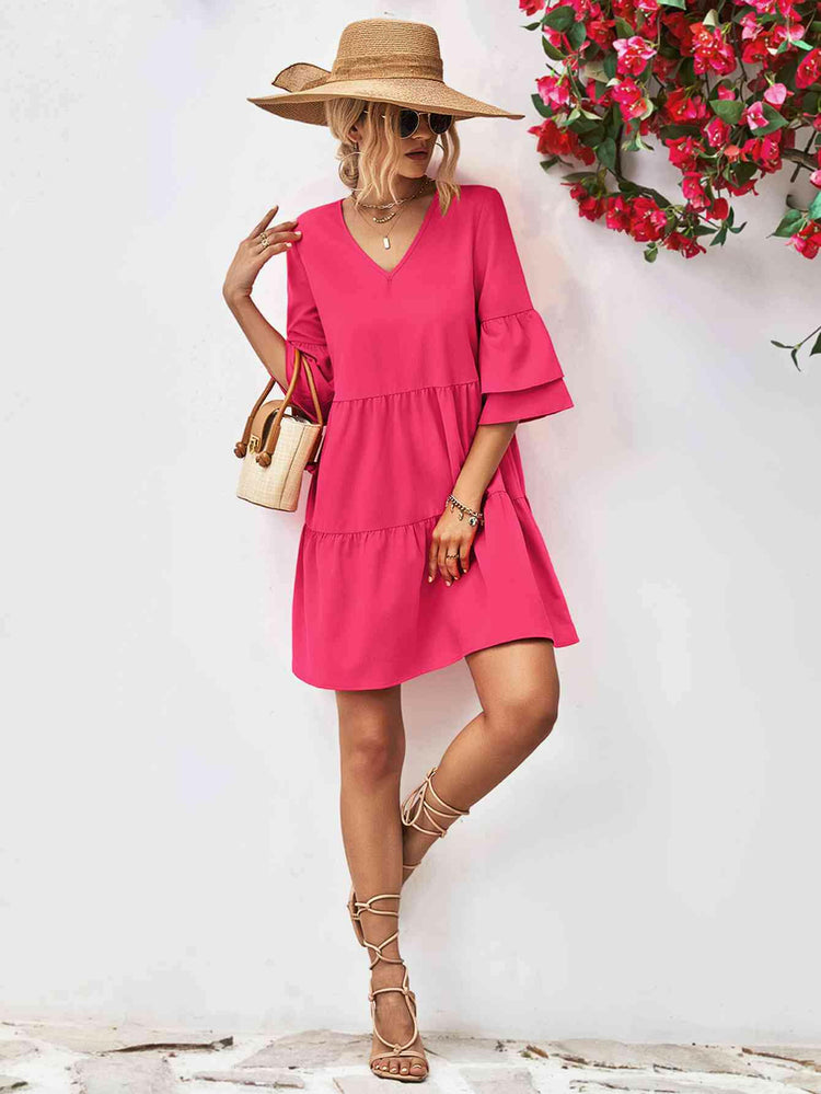 V-Neck Flare Sleeve Mini Dress.