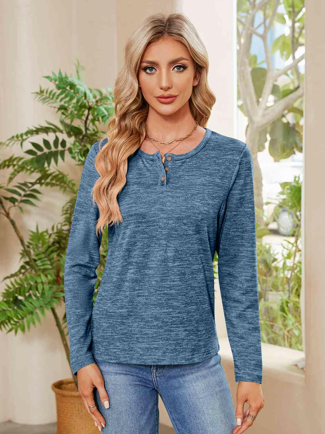 Buttoned Round Neck  Long Sleeve T-Shirt.