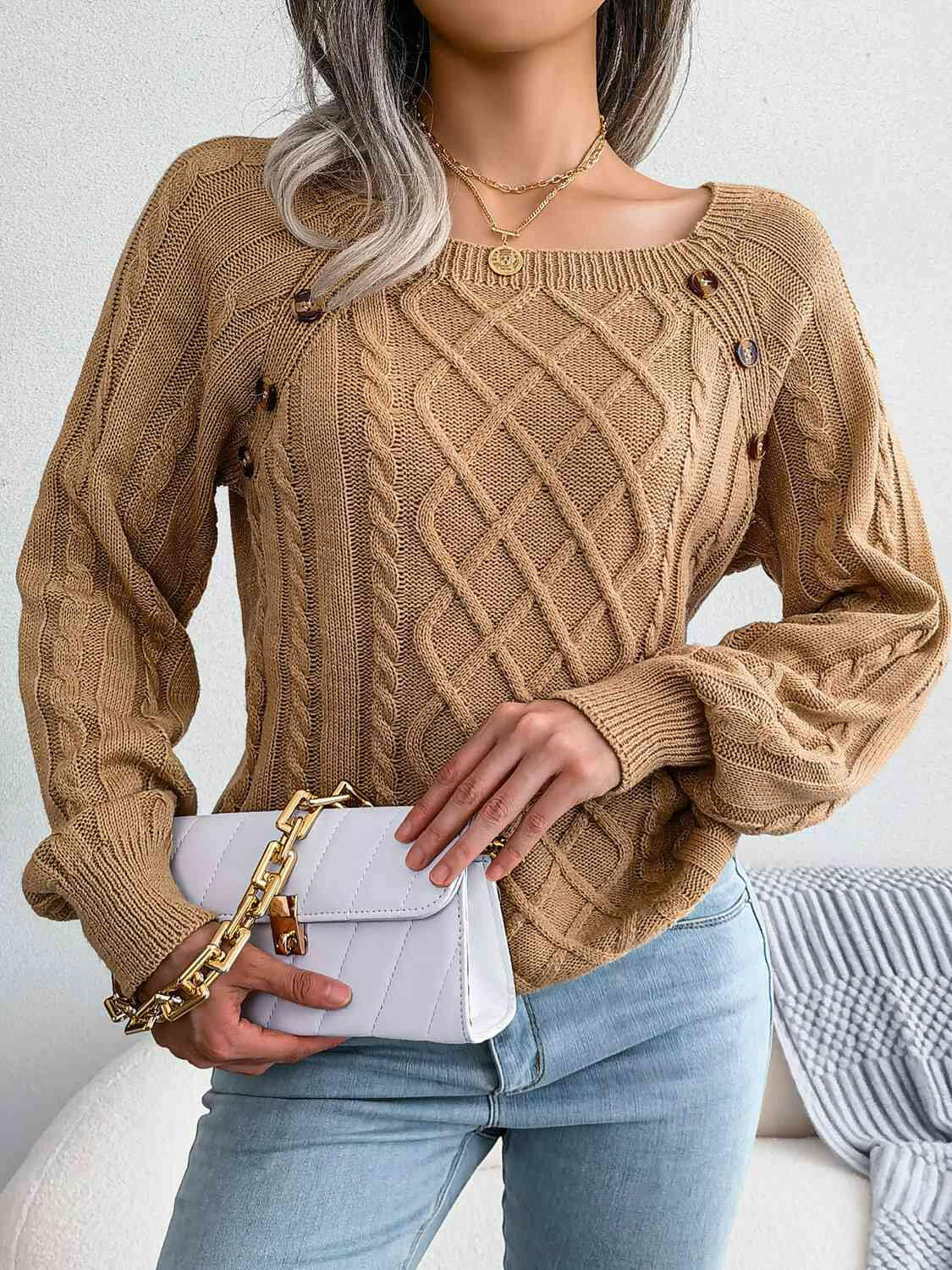 Decorative Button Cable-Knit Sweater.