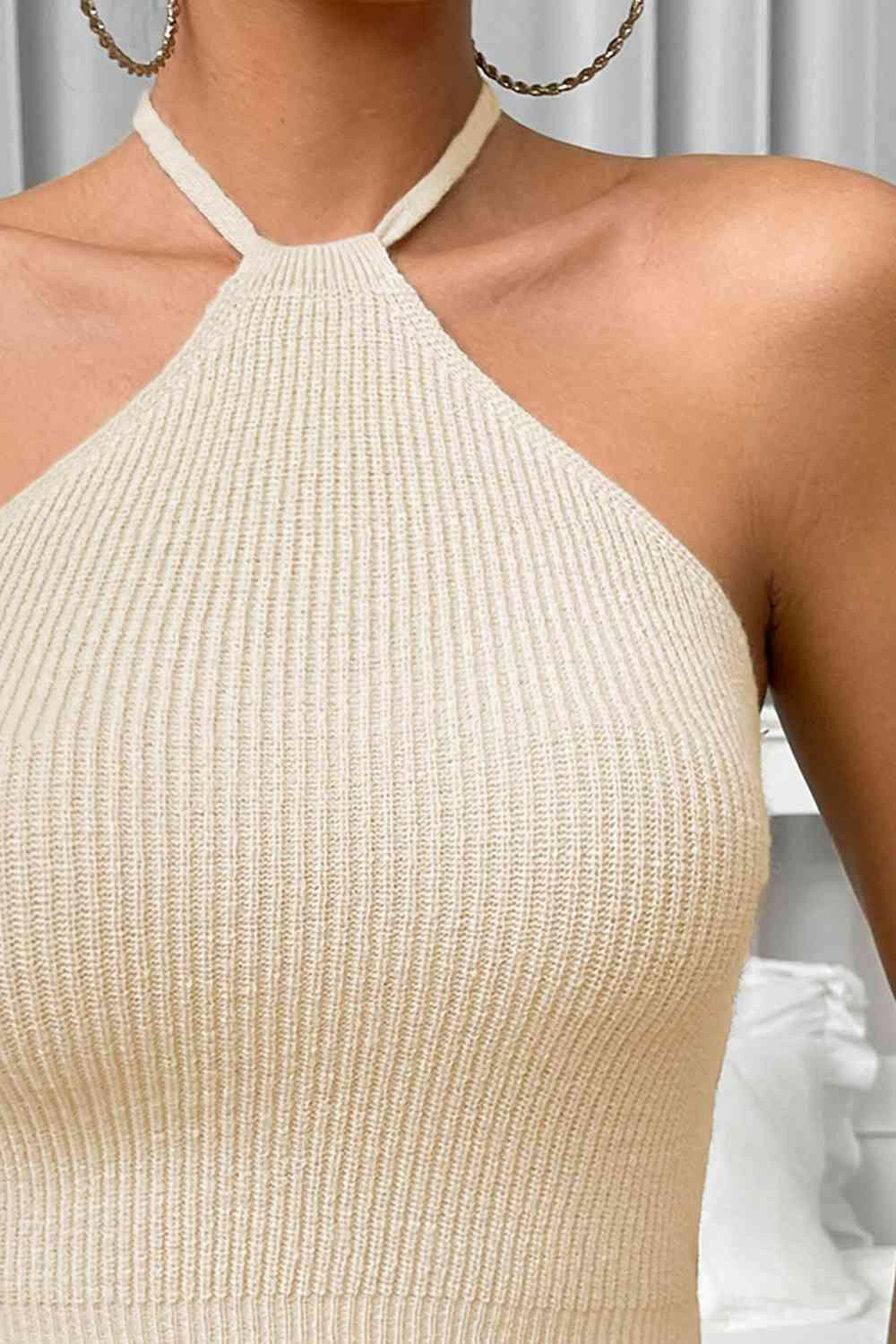 Halter Neck Ribbed Cropped Knit Top.