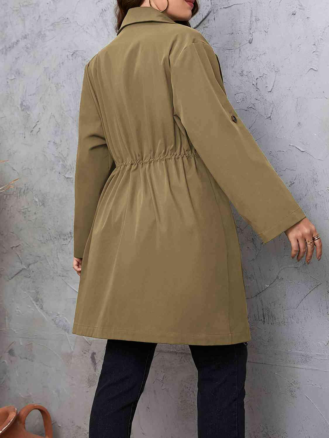 Lapel Collar Drawstring Roll-Tab Sleeve Trench Coat.