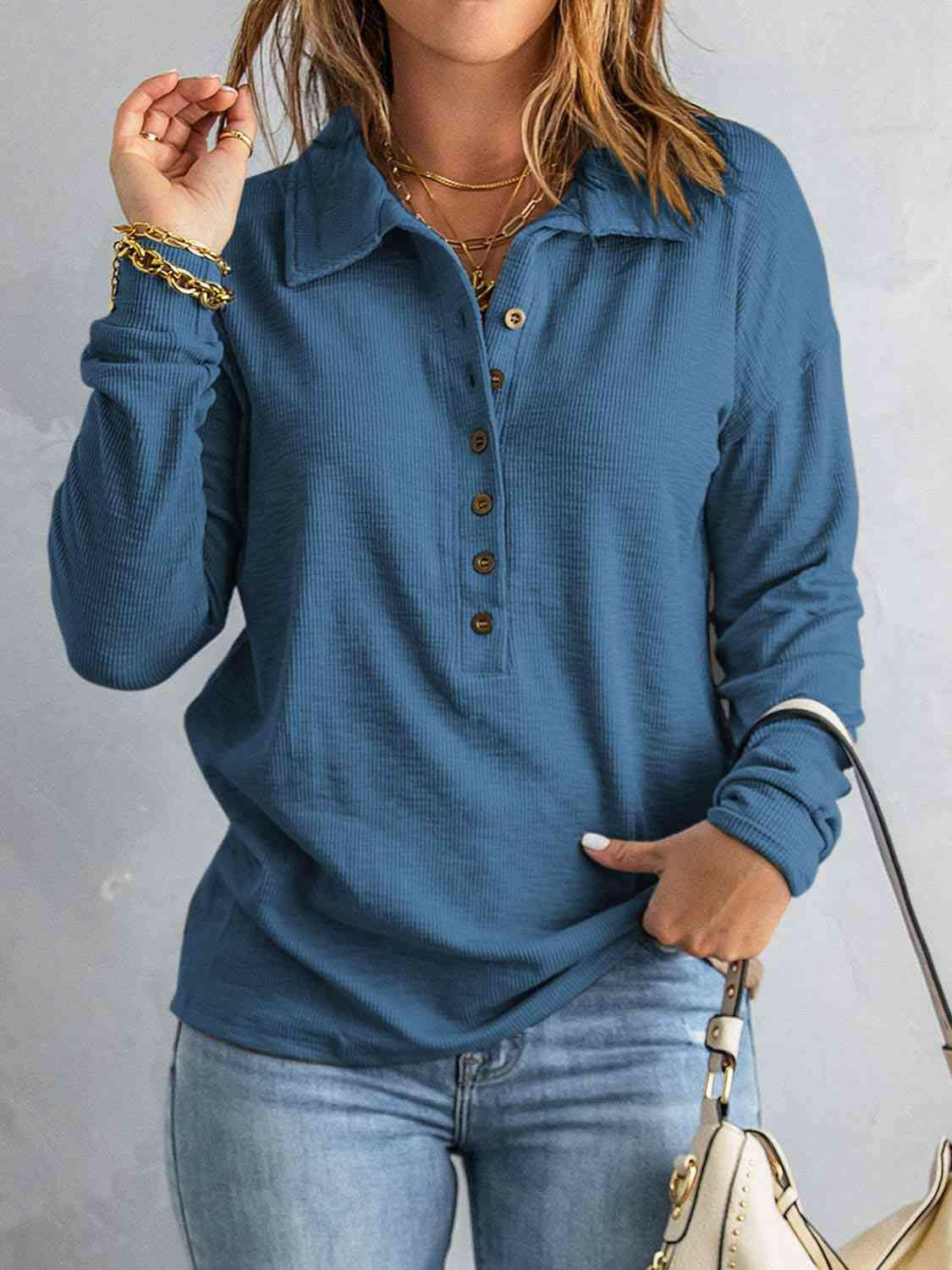 Collared Neck Half Button Top.