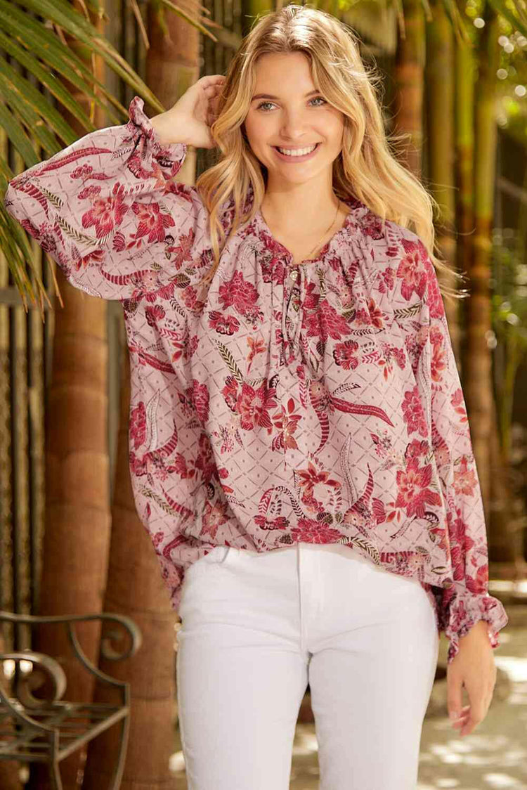 Floral Tie Neck Flounce Sleeve Blouse.