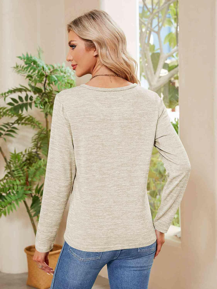 Buttoned Round Neck  Long Sleeve T-Shirt.