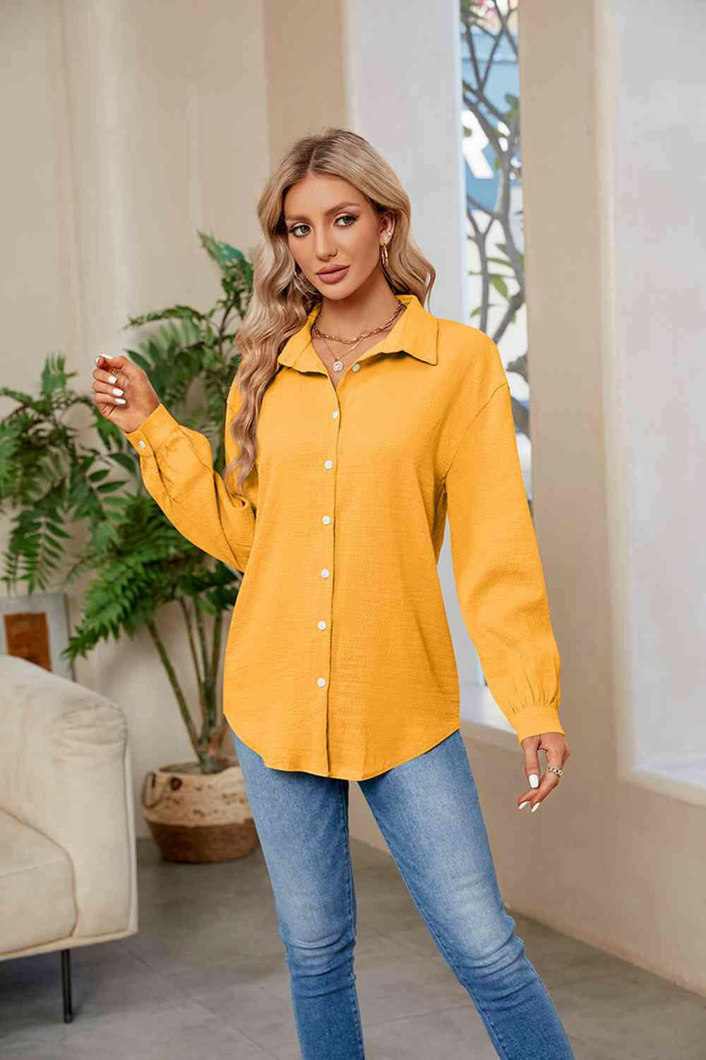 Collared Neck Buttoned Long Sleeve Shirt.