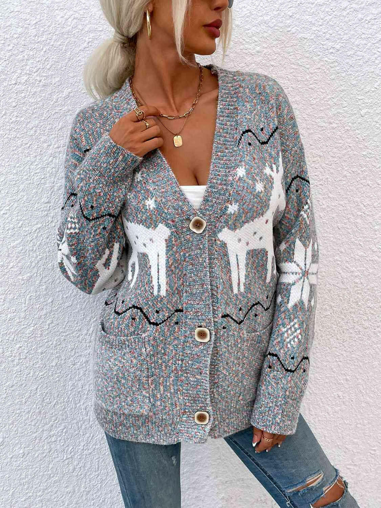 Reindeer Button Down Cardigan with Pockets.