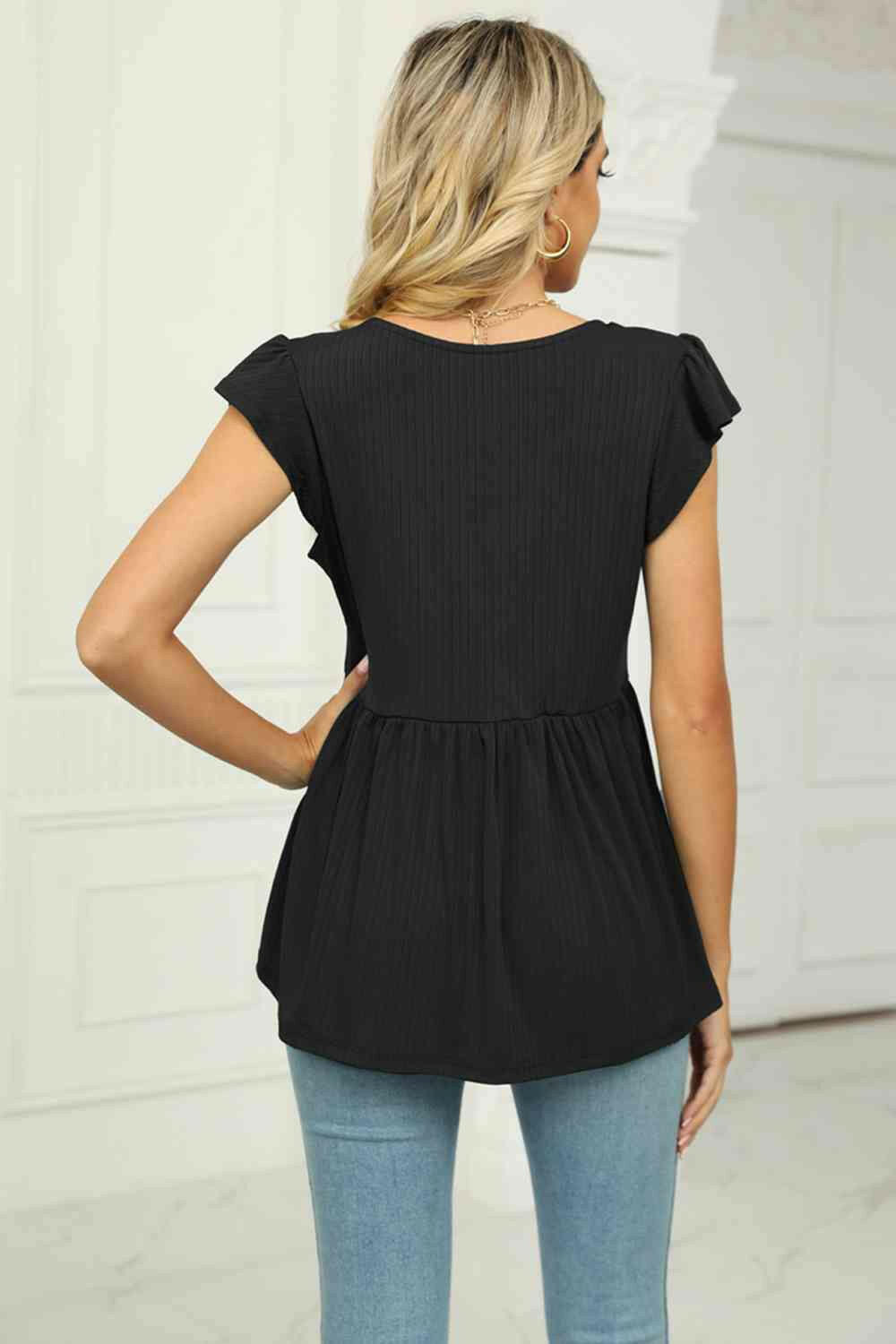 V-Neck Flutter Sleeve Babydoll Blouse.