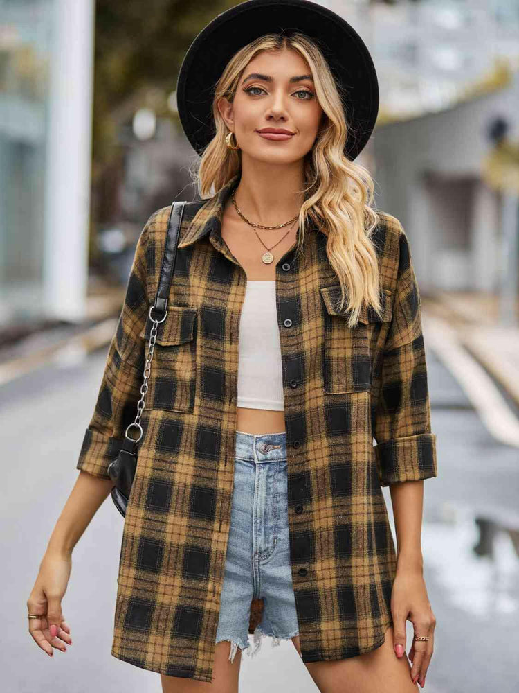 Plaid Collared Neck Button Down Jacket.