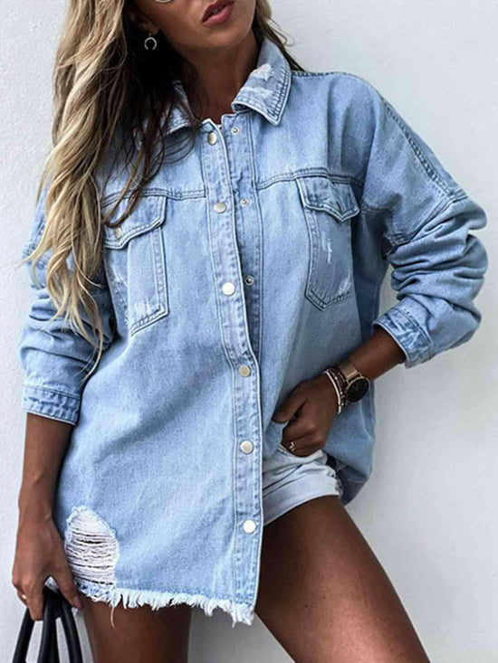 Raw Hem Collared Neck Long Sleeve Denim Jacket.