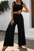 Tie Shoulder Smocked Crop Top and Wide Leg Pants Set.