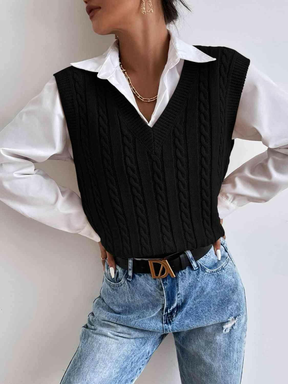 Cable-Knit V-Neck Sleeveless Sweater Vest.