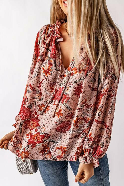 Floral Tie Neck Flounce Sleeve Blouse.