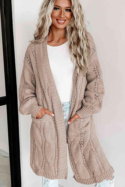 Cable-Knit Dropped Shoulder Cardigan.