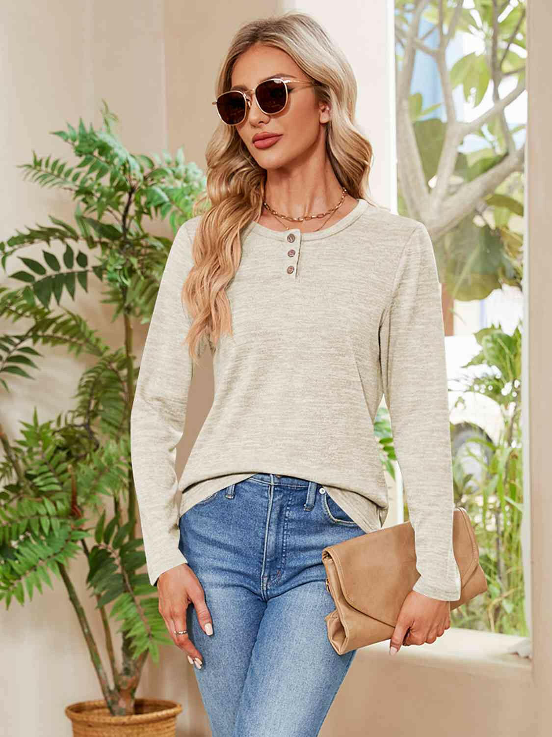 Buttoned Round Neck  Long Sleeve T-Shirt.