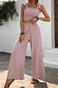 Tie Shoulder Smocked Crop Top and Wide Leg Pants Set.