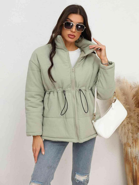 Drawstring Waist Zip-Up Puffer Jacket.