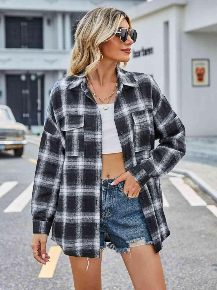 Plaid Collared Neck Button Down Jacket.