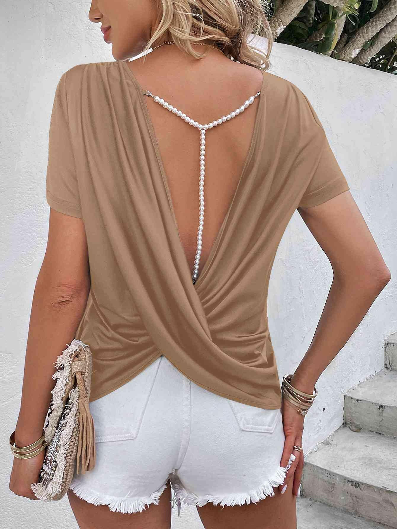 Beads Trim Back Twisted Blouse.