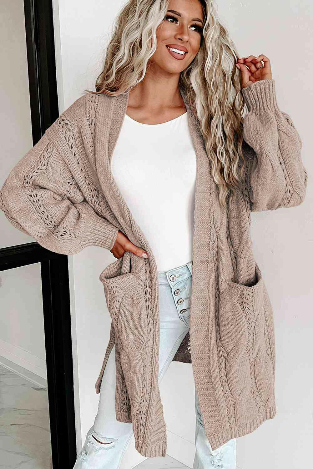 Cable-Knit Dropped Shoulder Cardigan.