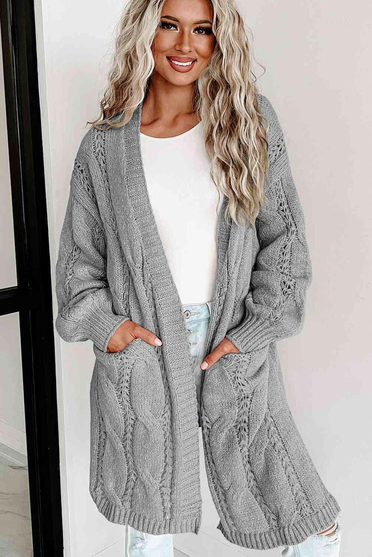 Cable-Knit Dropped Shoulder Cardigan.