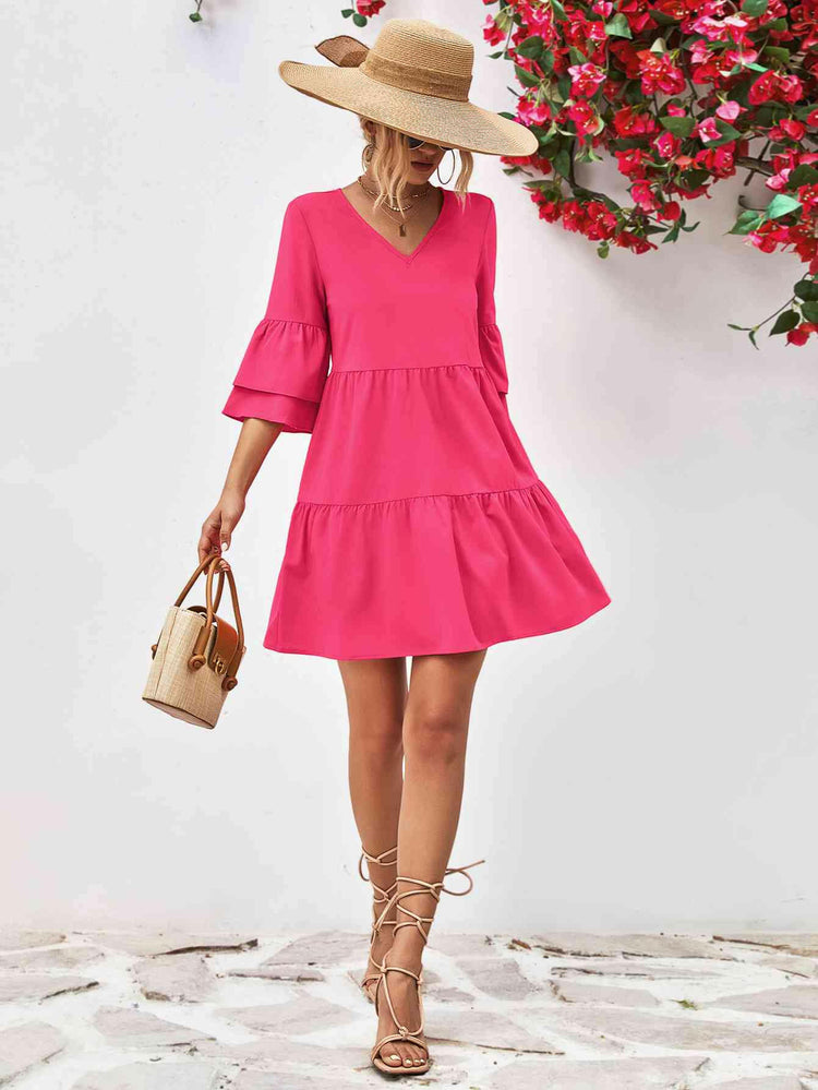 V-Neck Flare Sleeve Mini Dress.