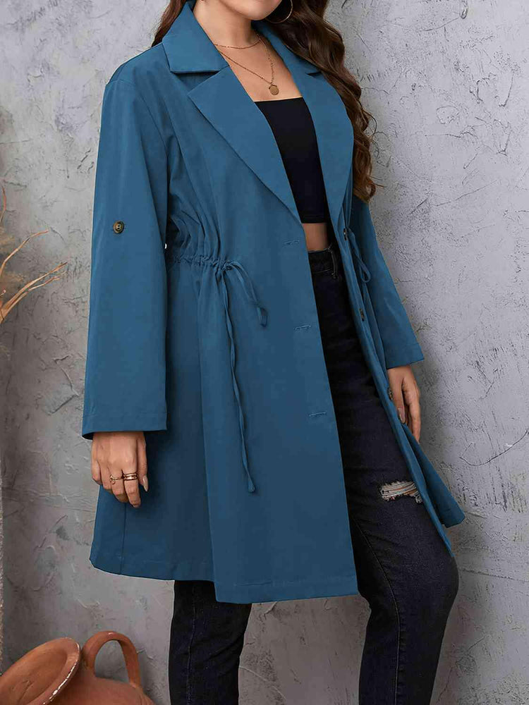 Lapel Collar Drawstring Roll-Tab Sleeve Trench Coat.