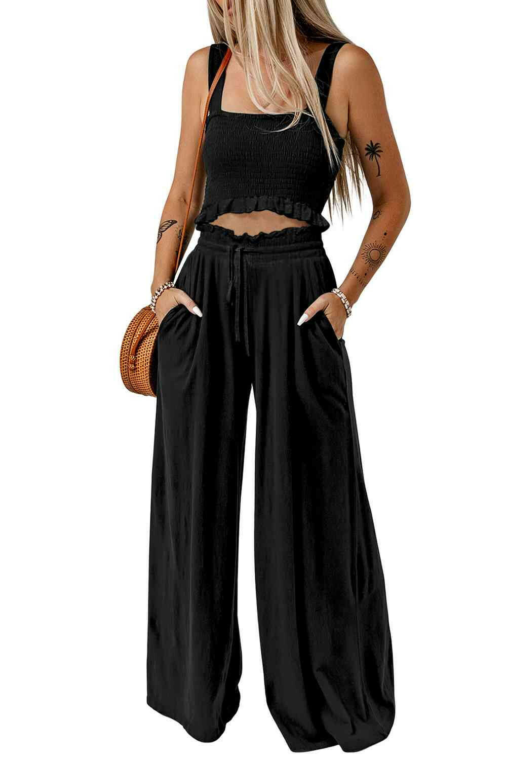 Square Neck Cropped Tank Top and Long Pants Set.