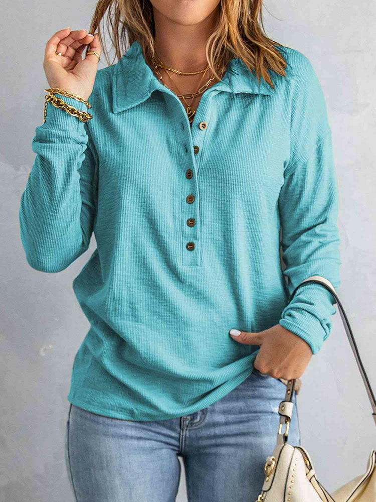 Collared Neck Half Button Top.