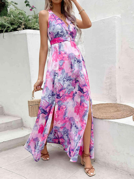 Printed Open Back Slit Sleeveless Dress.