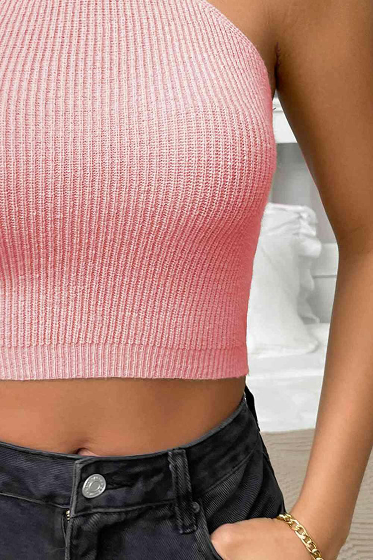 Halter Neck Ribbed Cropped Knit Top.