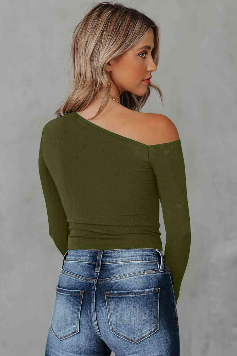 Asymmetrical Neck Long Sleeve Top.