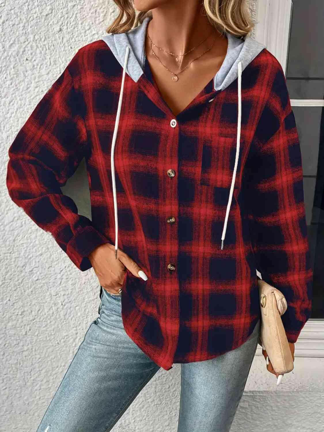 Plaid Drawstring Button Up Hooded Jacket.