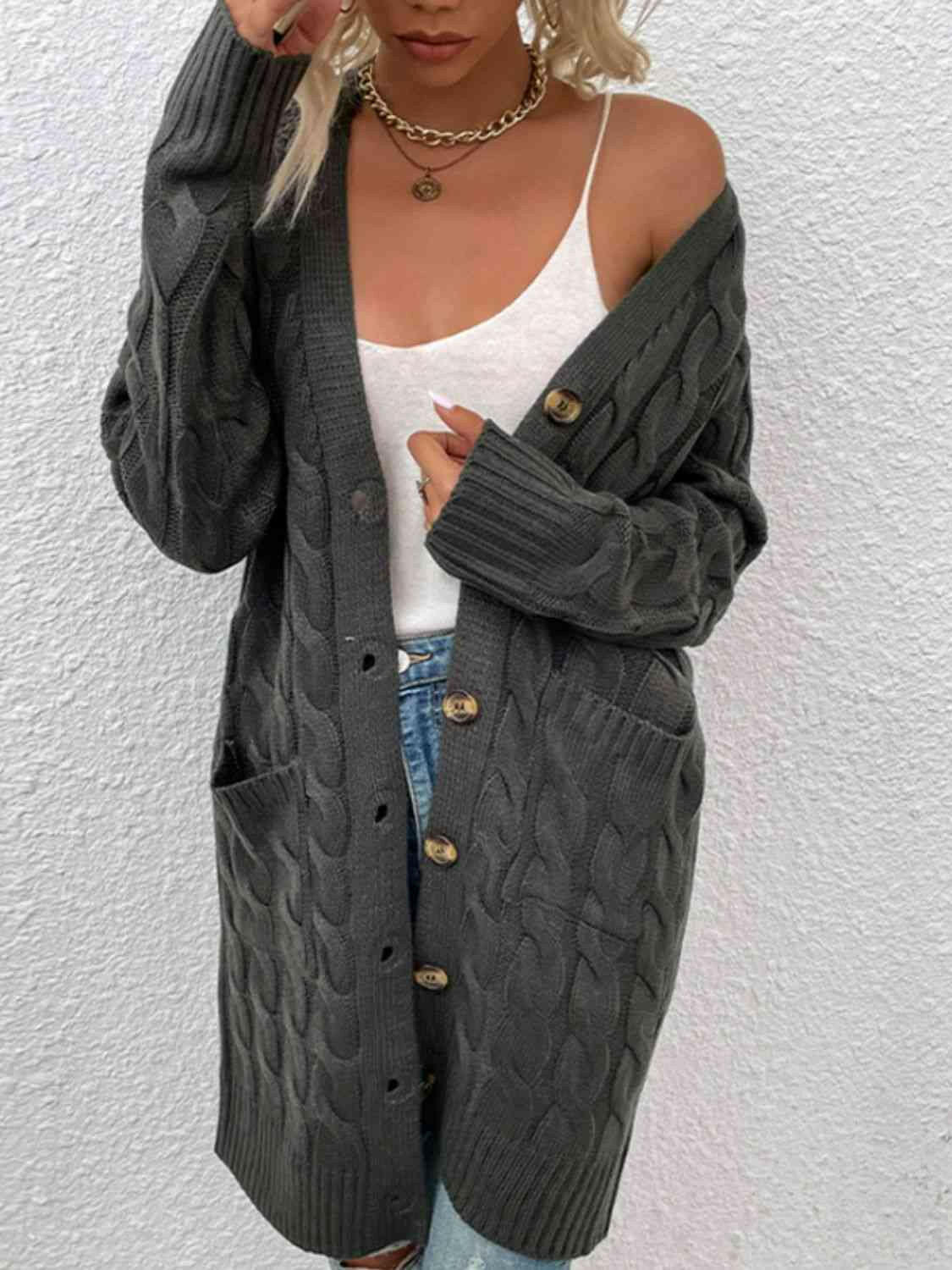 Cable-Knit Button Down Cardigan with Pockets.