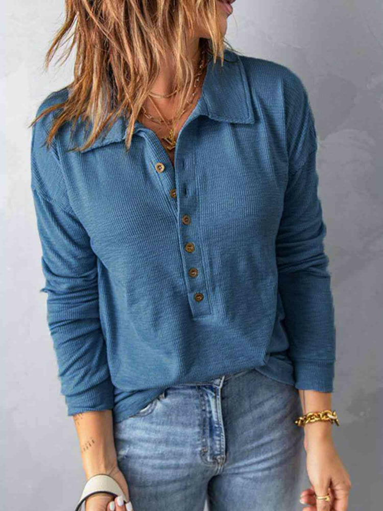 Collared Neck Half Button Top.