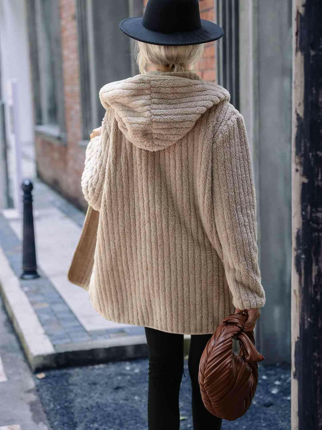 Open Front Ribbed Hooded Coat.